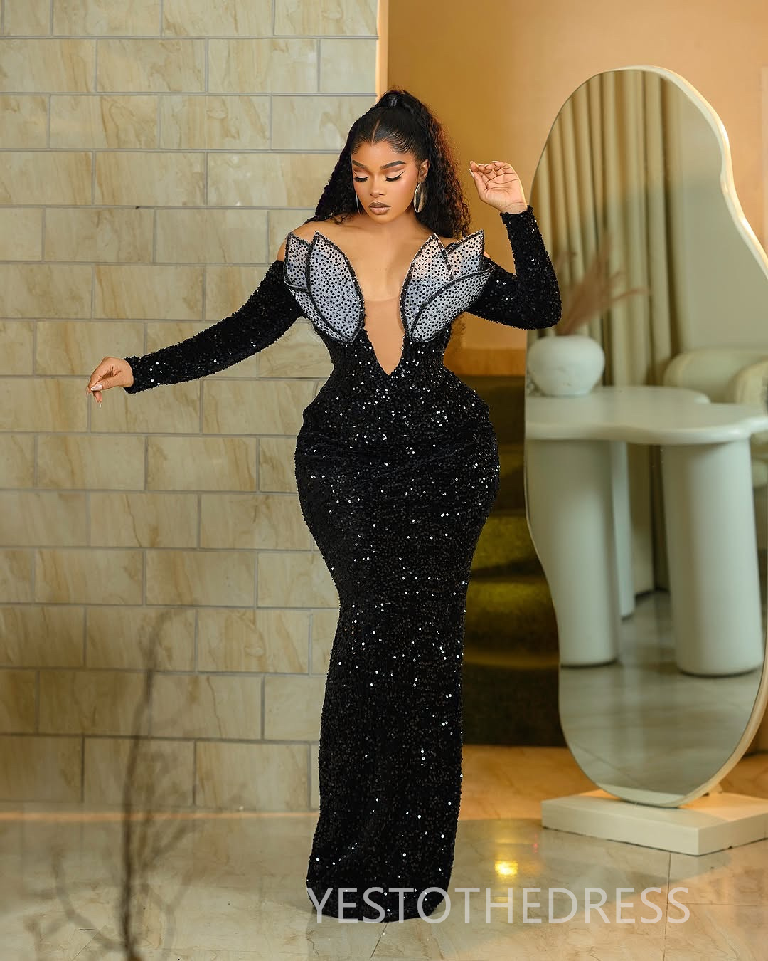 2025 Plus Size Black Aso Ebi Prom Dress Mermaid Prom Dresess Evening Formal Gowns Off Shoulder Bead Sequin Lace Birthday Second Reception Gown For Bla