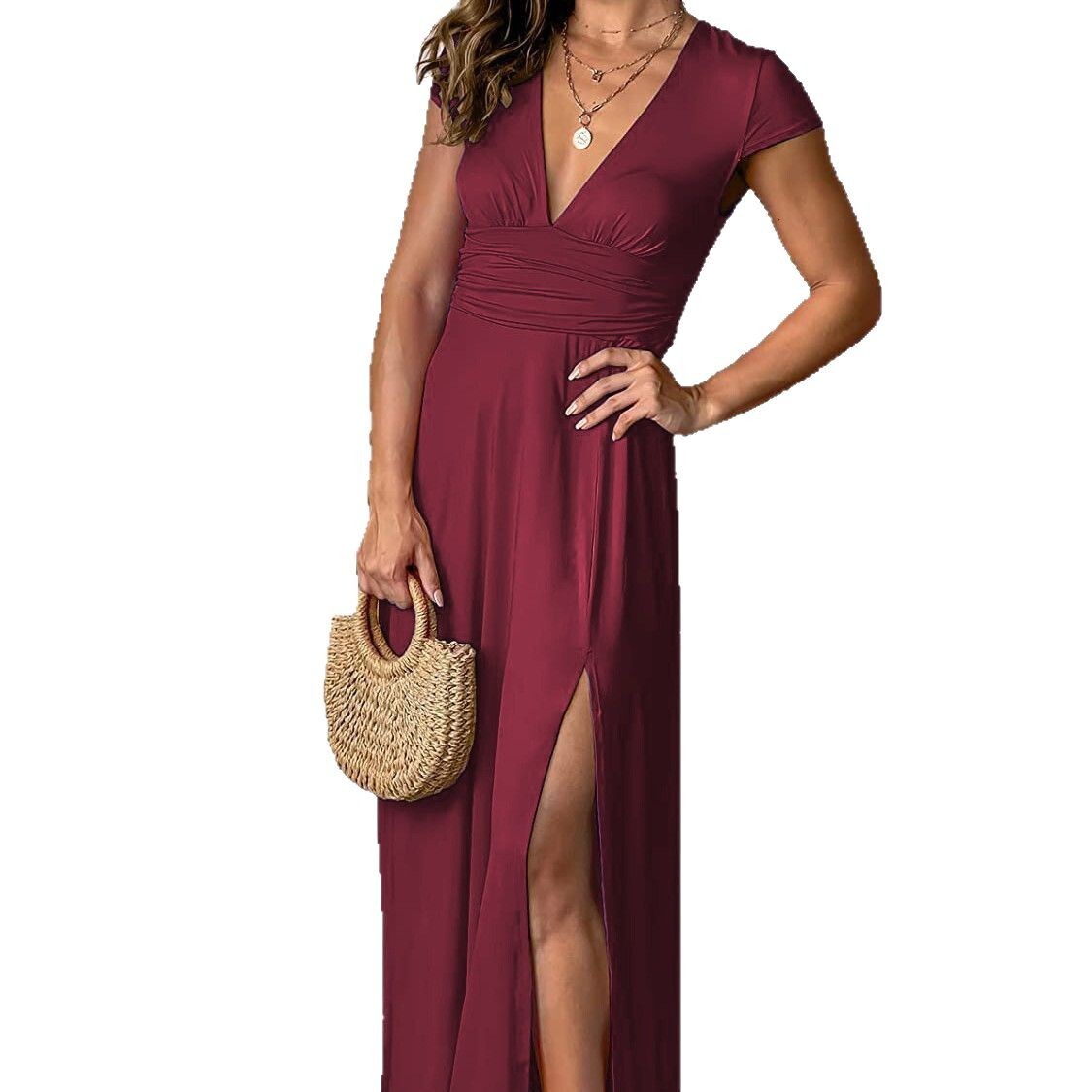 Womens deep V-neck short sleeved long skirt pleated with high waist slit club party dress solid color dress