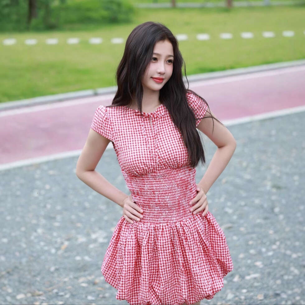 French Red Plaid Hollow Sleeve Summer Yu Shuxin Same Style Waist Slimming Short Dress B5