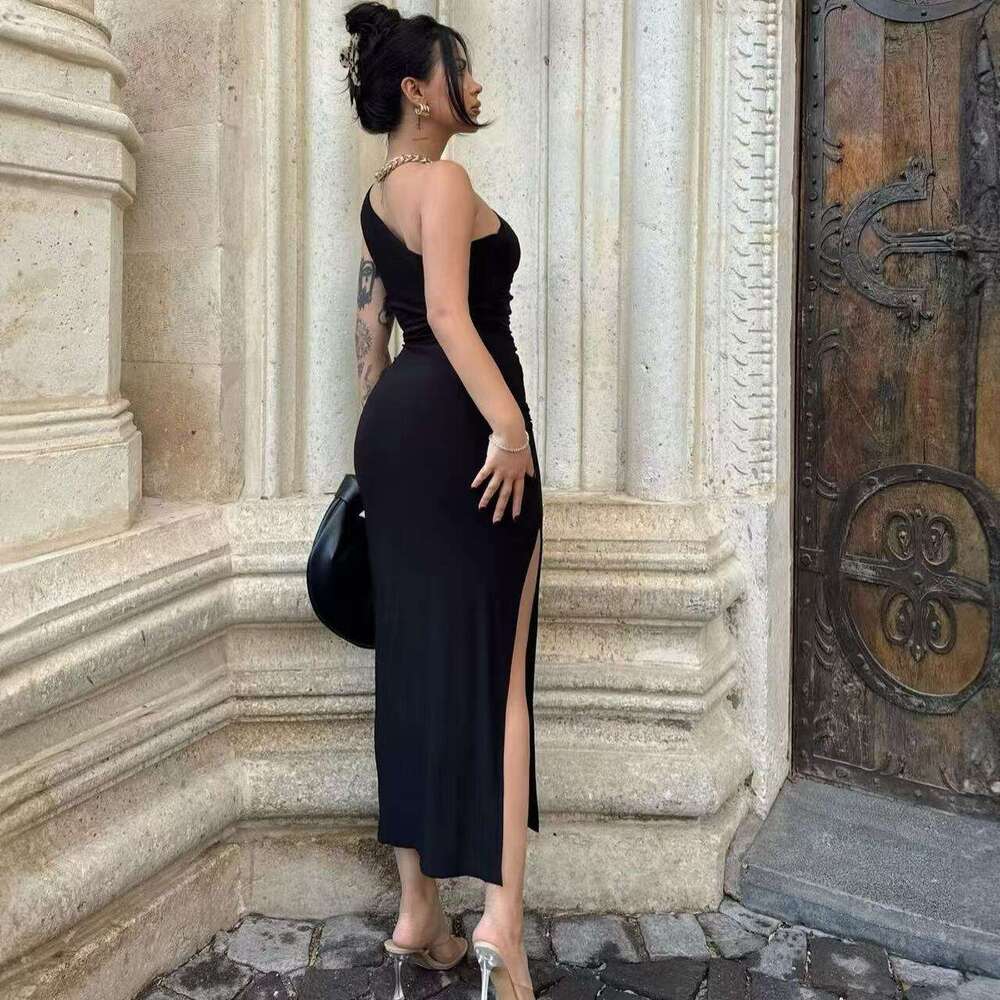 High-End Summer Style Off-Shoulder Slit Ruched Waist Knitted Slim Dress B5