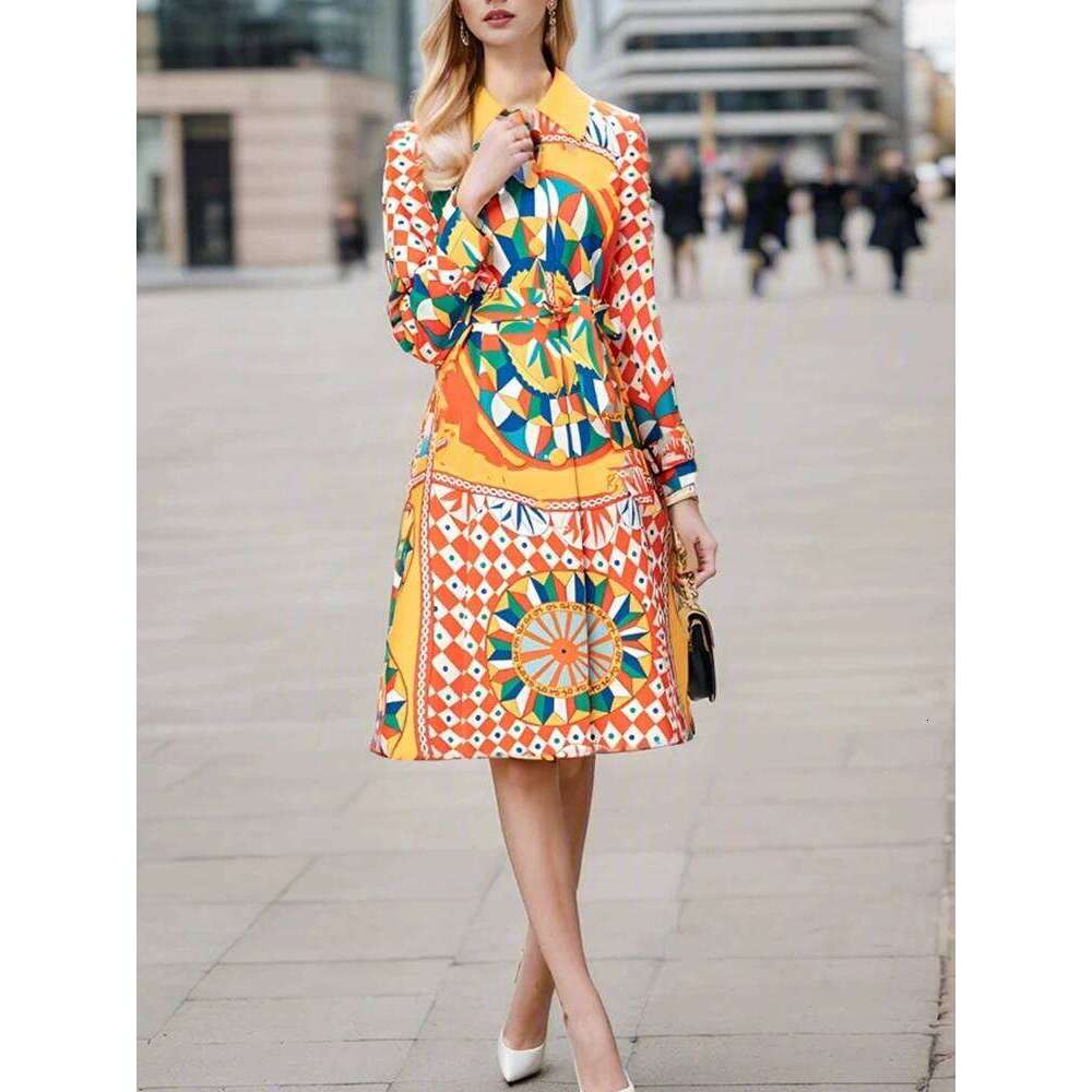 Fashion Ladies Printed Lapel Long-Sleeved Belt Windbreaker Coat Spring And Autumn New Single-Breasted Retro Joker Dress