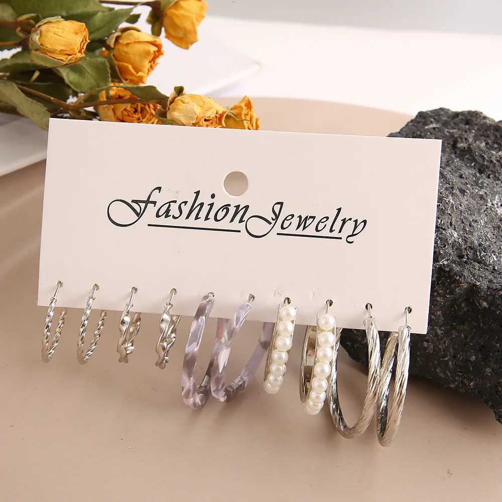 LATS Trendy Silver Color Hoop Earrings Set for Women Girls Geometric Irregular Metal Resin Acrylic Earrings Jewelry X250718