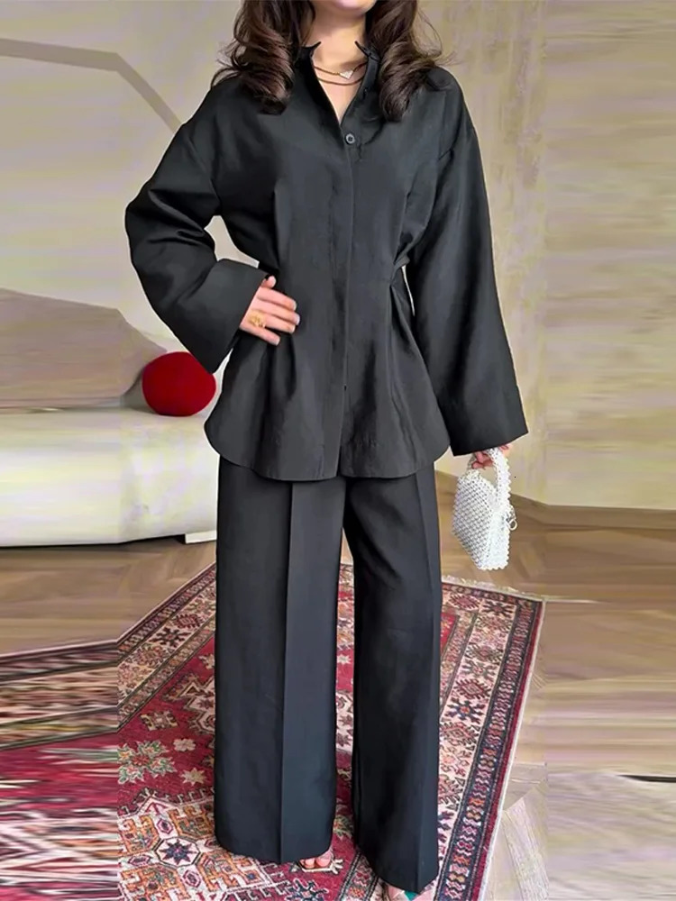 Fashion Womens Waist-Closed Trouser Suit Long Sleeve Button Pleated Wide Leg Pants Lady Set 2025 2 Pieces Set Women Outfits 250715