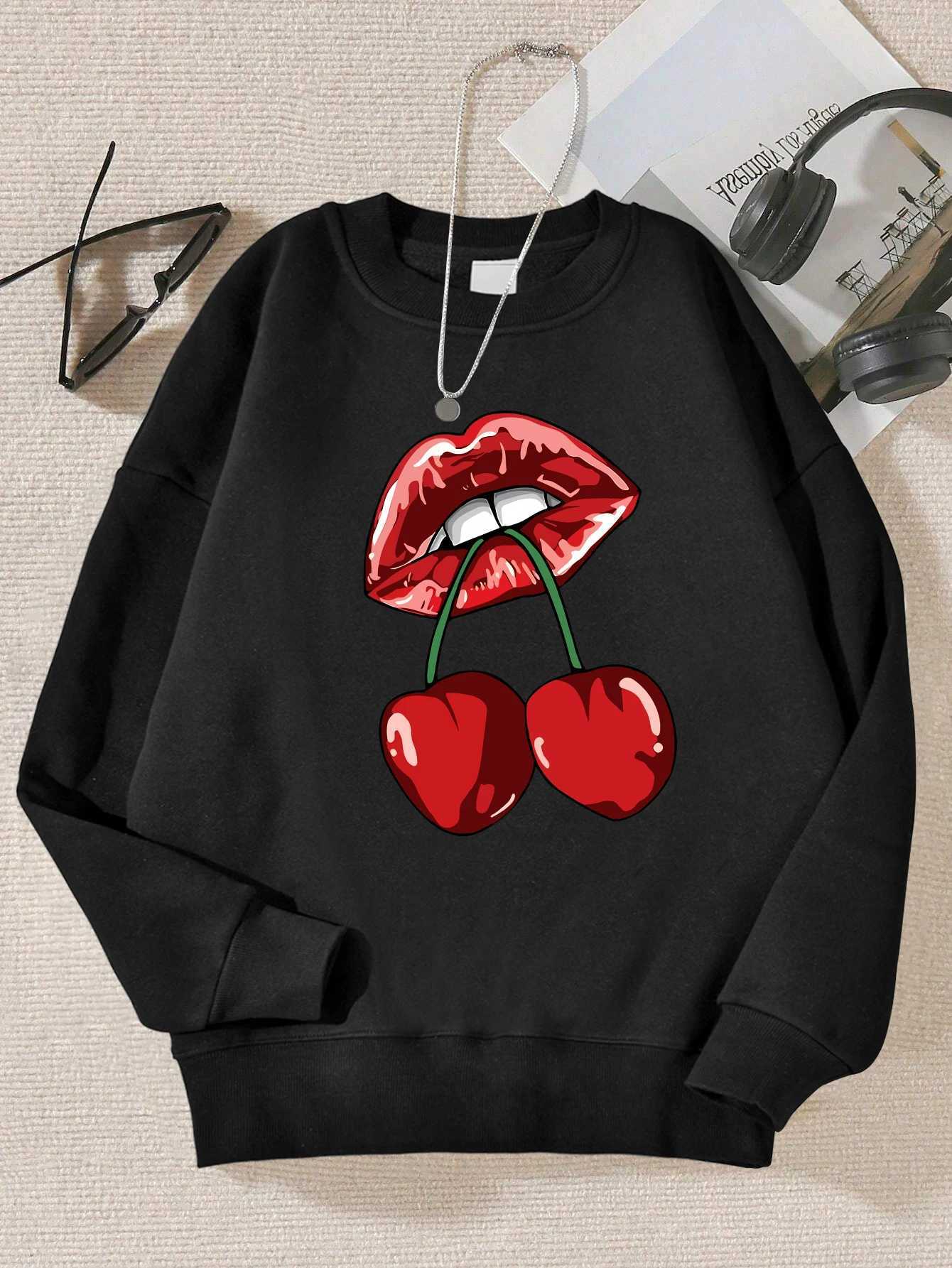 Cherrys In The Mouth Design Print Sweatshirt For Women Simple Soft Sweatshirts Street Loose Pullover Autumn Casual Unisex Top XJ250717