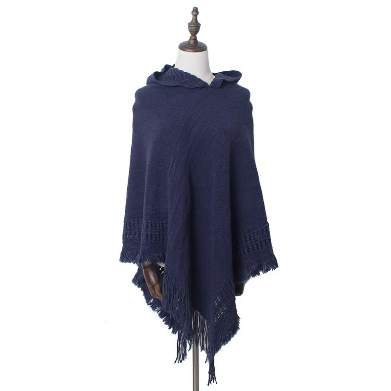 T1249 autumn and winter new knitted hooded cloak shawl monochrome pullover cloak sweater hooded shawl