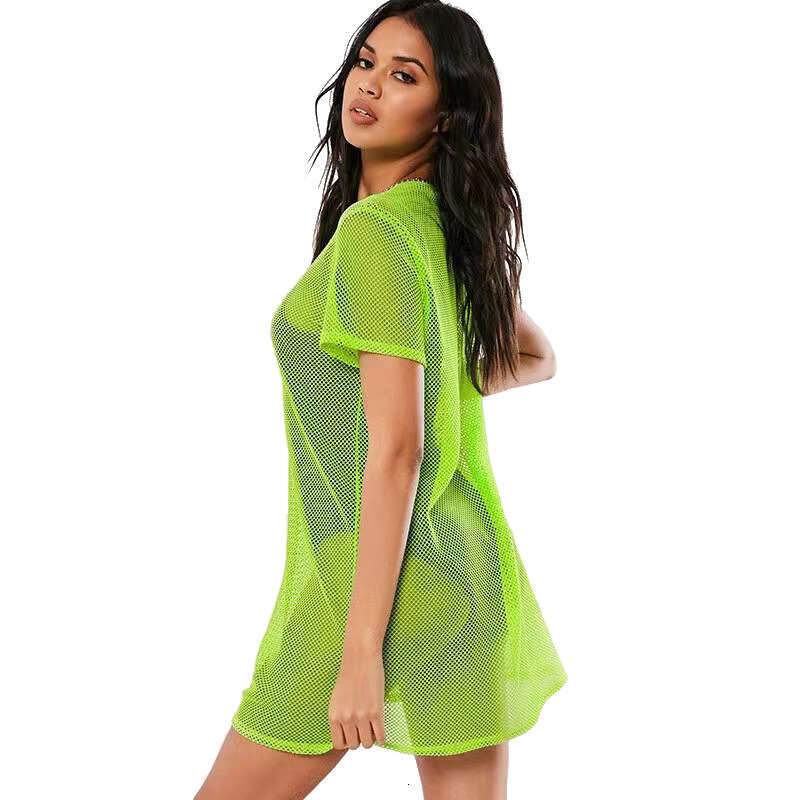 Fashion Summer Women's Sexy Hollow Out Mesh Hot Girl Fluorescent Swimsuit Set Base Shirt Dress B5