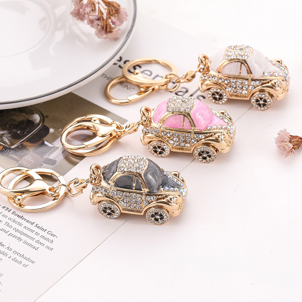 Diamond-inlaid Mini Car Beetle Bag Charms Fashionable Metal Keychain Hanging Women's Bag Accessories