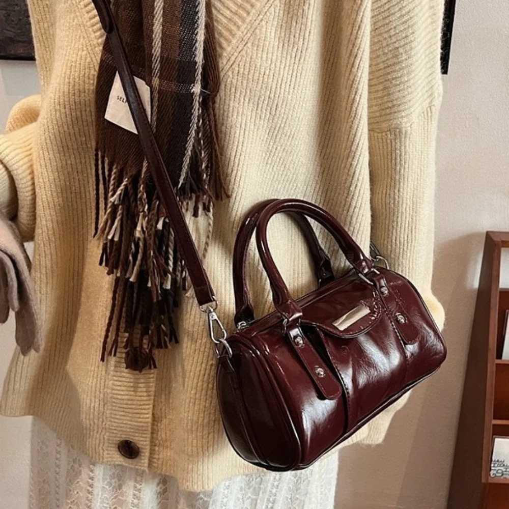 Burgundy Mini Top-handle Bags For Women Bright PU Leather Pure Color Shoulder Crossbody Bags 2025 Lat Luxury Designer Handbag Y250718