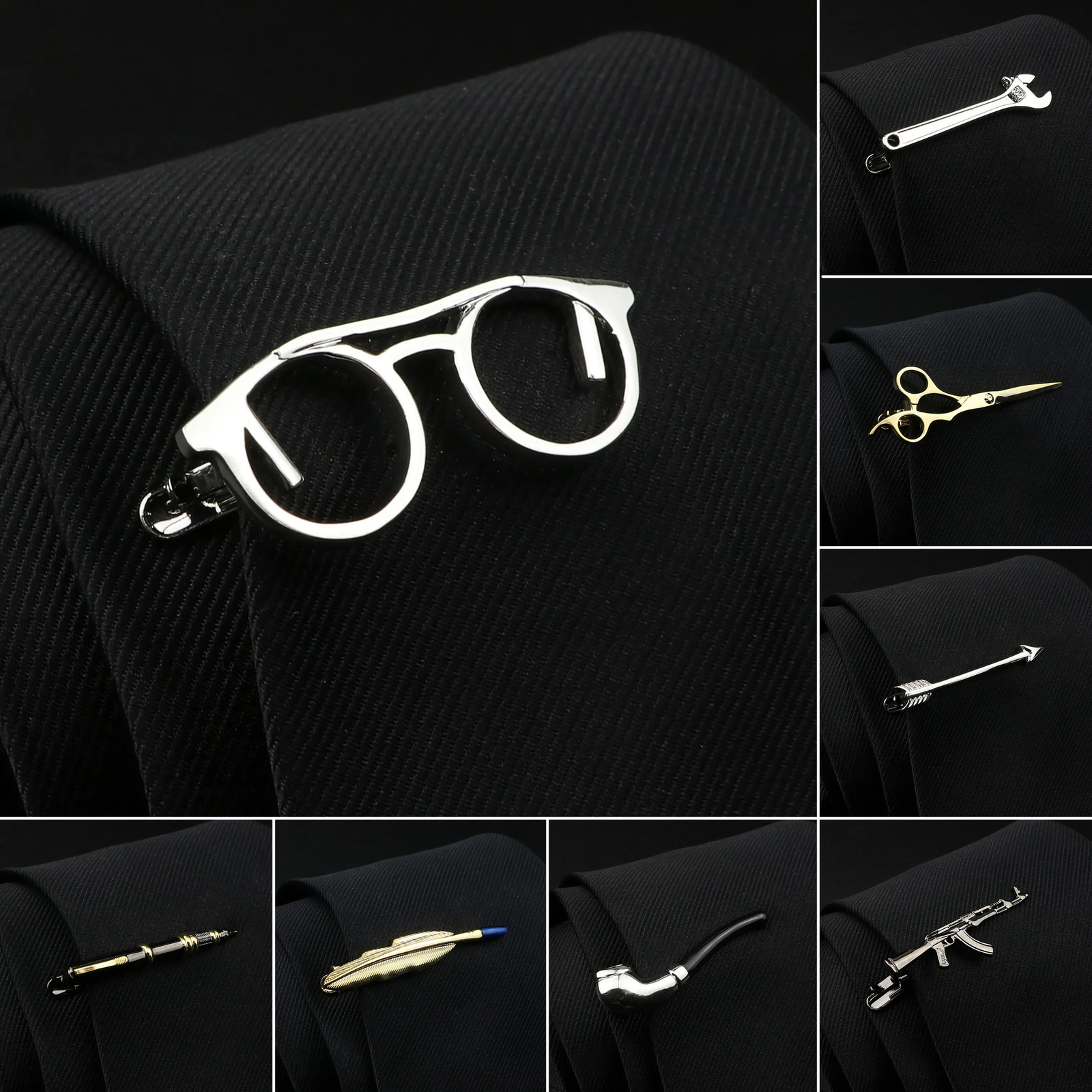 Mens Tie Clips 28 ns Option Car Saxophone Glasses Feather Shape Metal Clip n Pins Wholesale Retail 250715
