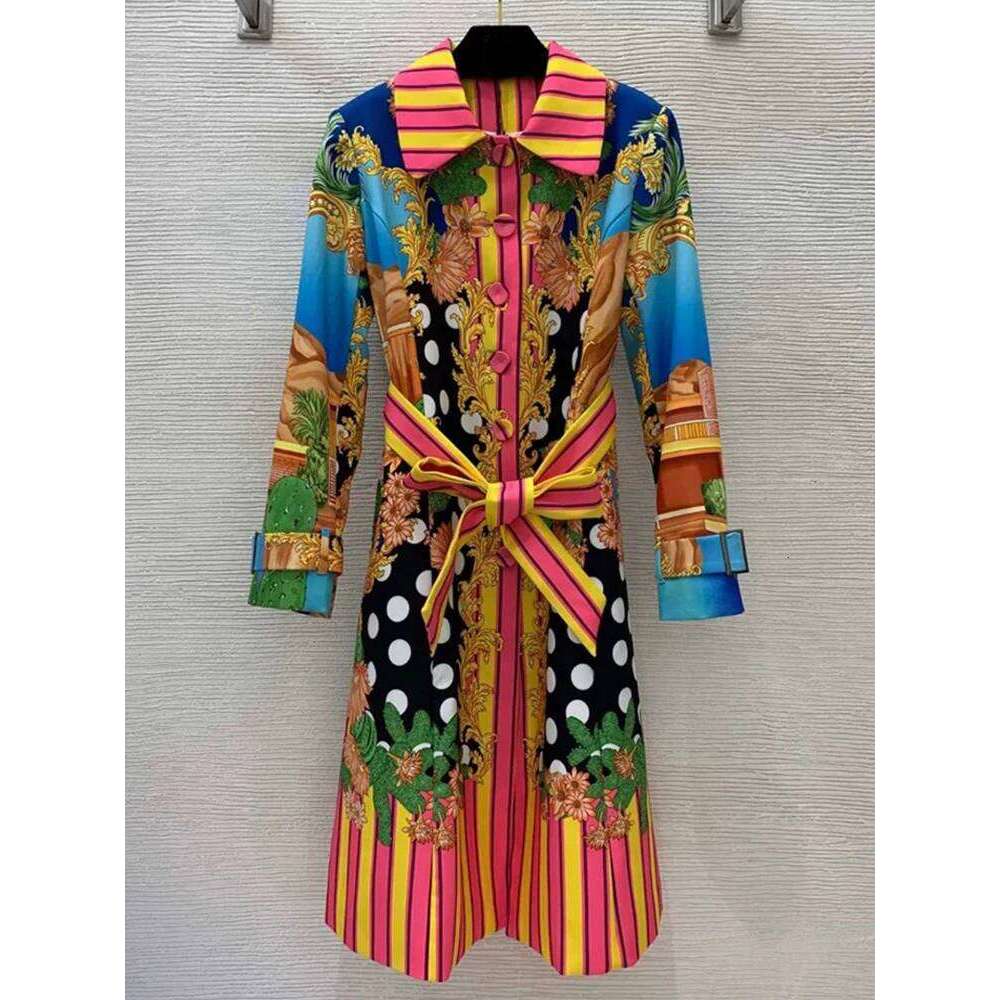 Retro Autumn New Printed Lapel Single-Breasted Long-Sleeved Lace-Up Trench Temperament Fashion Joker Ladies Coat Dress.