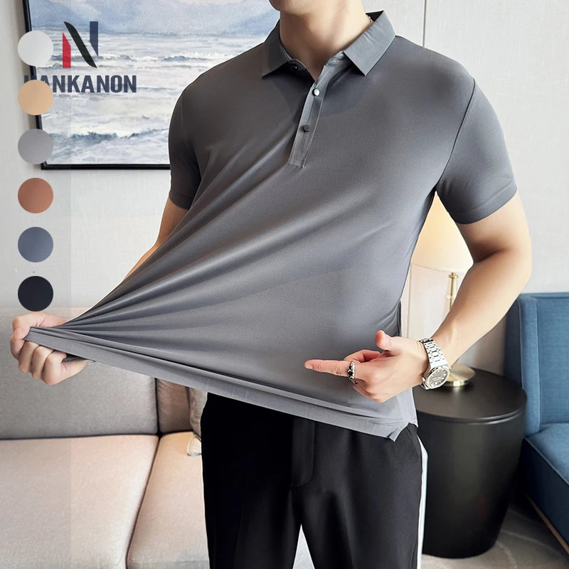Ice Silk High Elastic Seamless T-shirt Summer Thin Polo Shirt Solid Color Polo Collar Short Sleeve Brown Top Business Leisure 250715