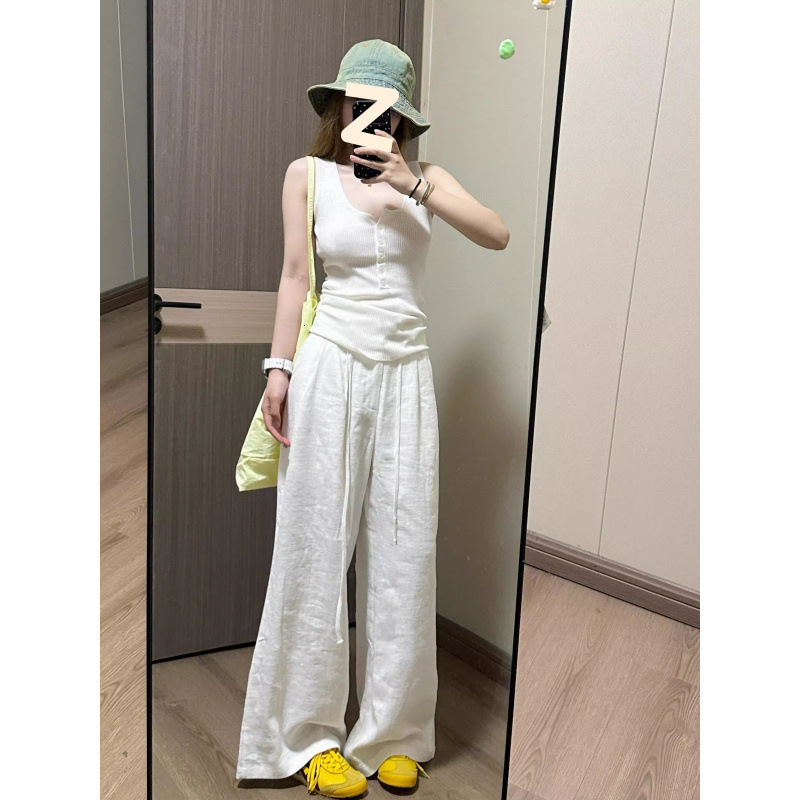 Extended White Wide-Leg for Women Summer Thin High-Waisted Cotton Loose Straight-Leg Linen Casual Pants