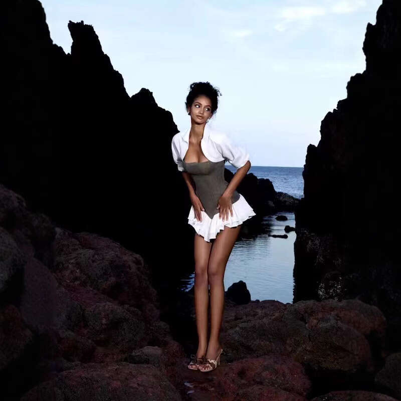 Vietnam Niche Design American Style Spicy Girl Color-Block Waist-Cinching Ruffle Short Skirt Patchwork Strapless Dress Set For Women B5