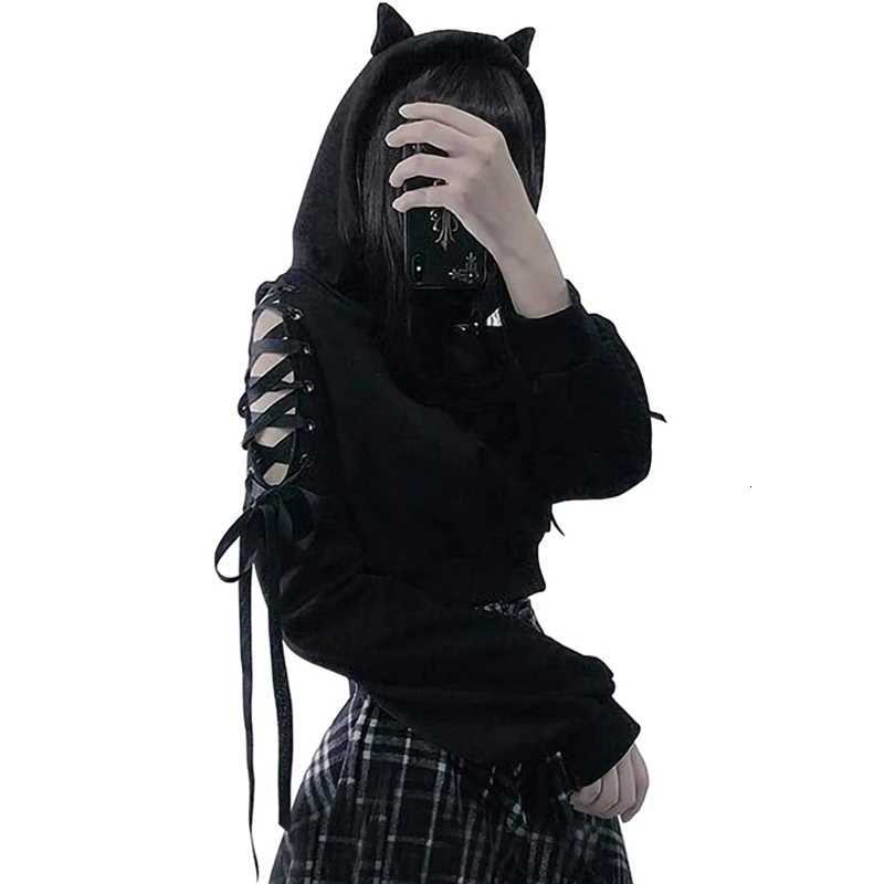 2K Gothic Womens Hoodie Cat Ear Crop Top Hooded Sweatshirt Hollow Out Lace Up Long Sleeve Hooded Casual Pullover Autumn XJ250717