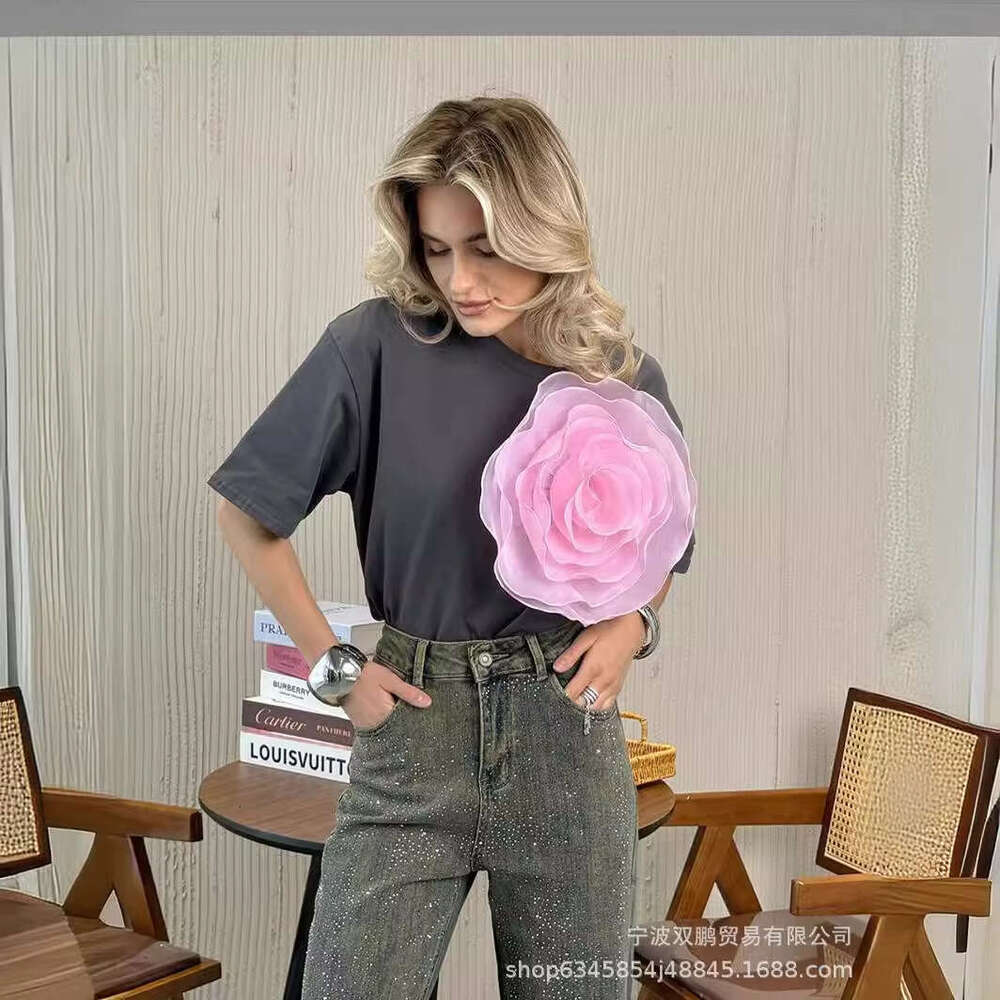 Ins Style Loose T-Shirt For Women With 3D Mesh Camellia Pure Cotton Short Sleeve Top B5