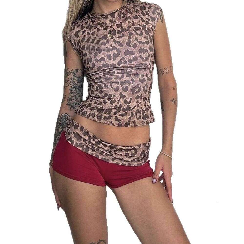 Leopard Print Slim Sexy Cuffed Shorts Street Style Hot Girl Fashion Summer Two-Piece Set B5 g5