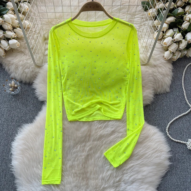 Women Chic Rhinestone Mesh Sheer Long Sleeve Crop Tops Slim Fit Sexy See Through T-shirts Fashion Party Nightclub T-shirt 250714