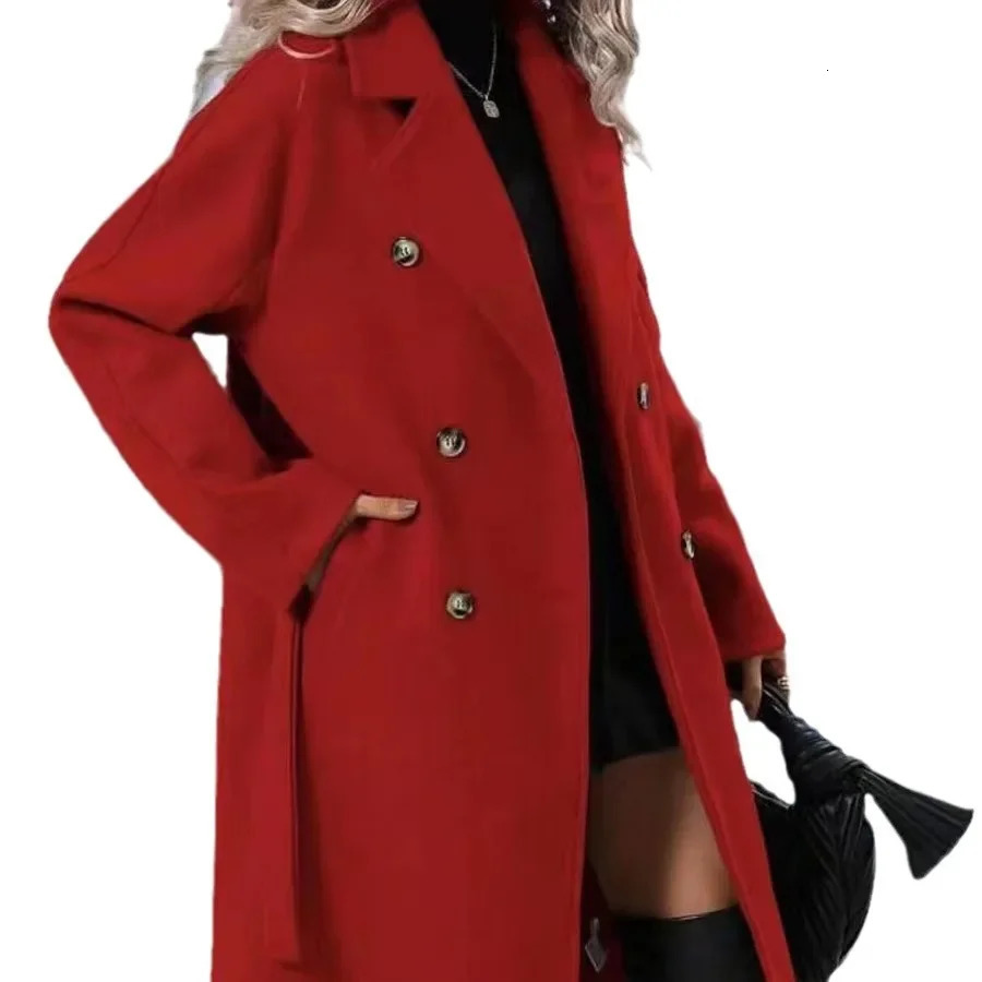 Thickened Long Ladies Windbreaker Double-breasted Pure Color Collar Dragon And Phoenix Wool Tie Belted Coat for Women 250715