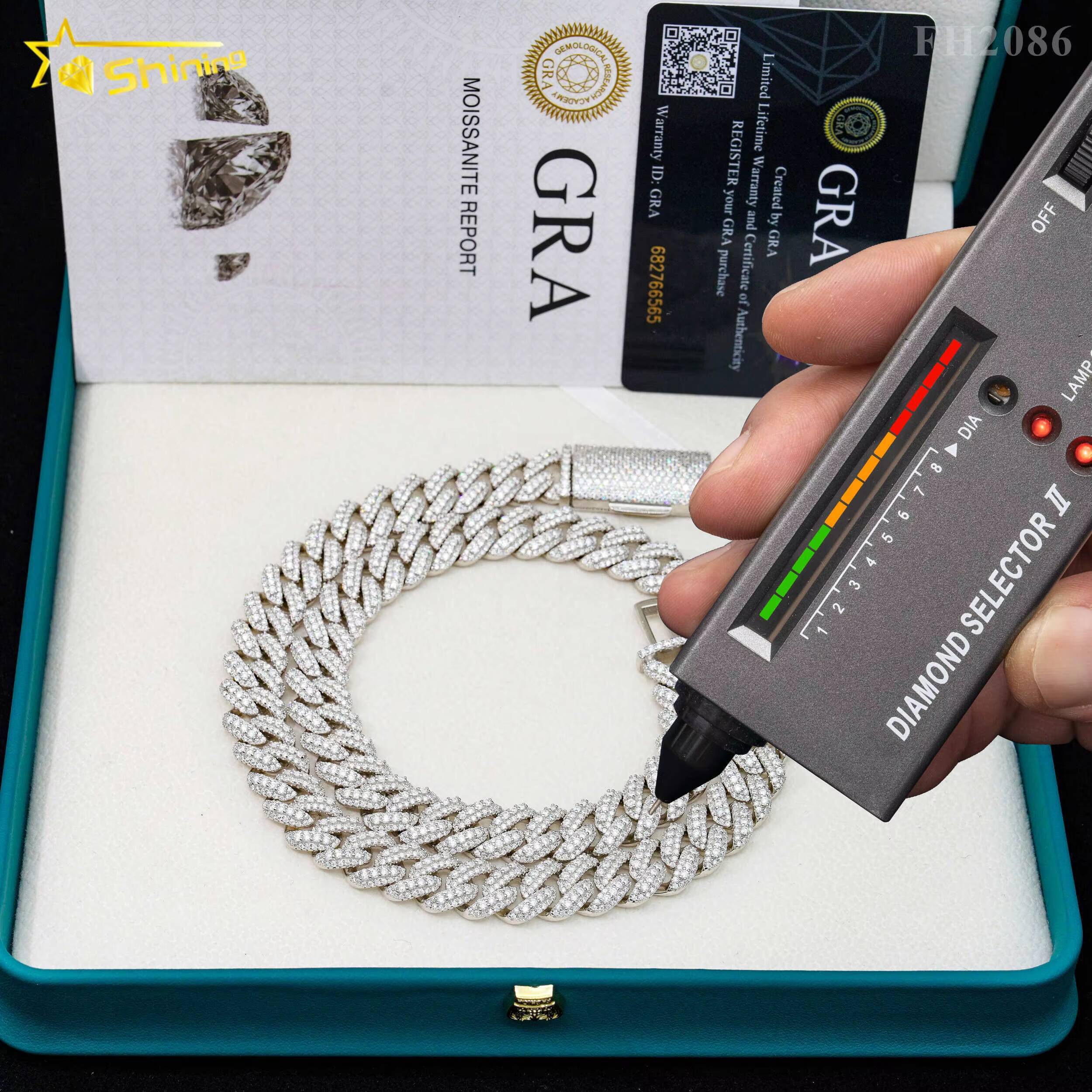 Pass Diamond Tester 12MM 3 Rows Moon Shape Hip Hop Necklace Moissanite Silver Cuban Link Chain