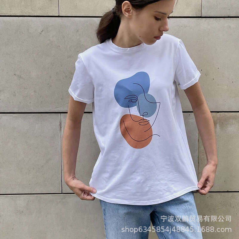 Summer Abstract Aesthetic Print For Women, Pure Cotton, Soft, Loose Basic Top, Ins Style T-Shirt B5