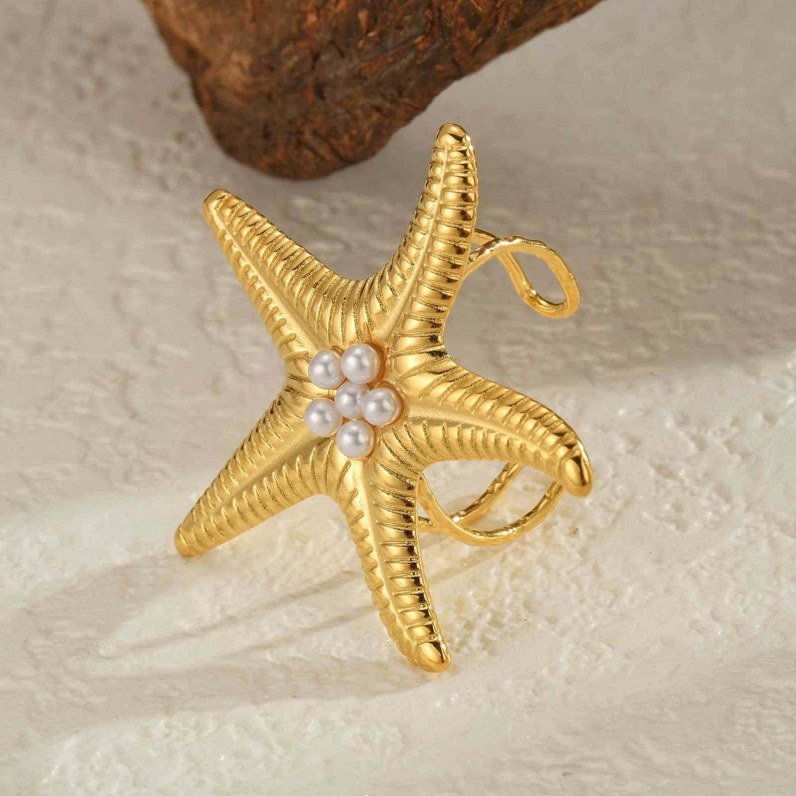 Ocean Element Ring for Women Men Stainless Steel Gold Color Starfish Shell Open Rings Sea Series Jewelry Couple Gift X250718