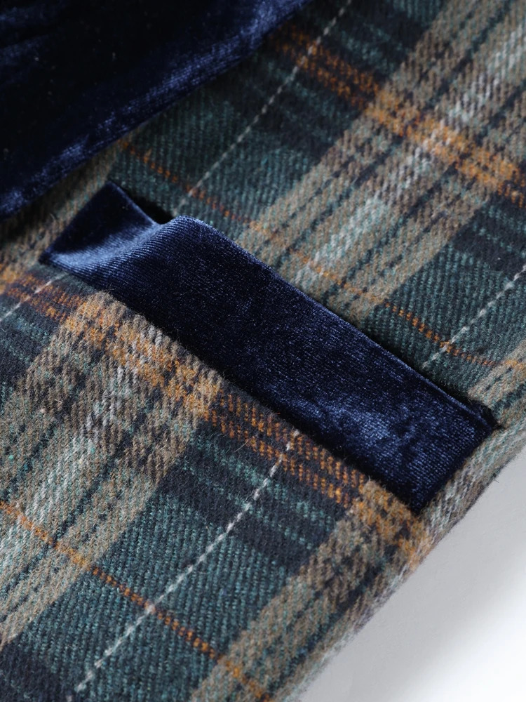 Velvet Collar Plaid Woolen Coat Wool Patchwork Trench Overcoat Retro Straight Tube Contrast Color Cardigan Outwear Spring Autumn 250715