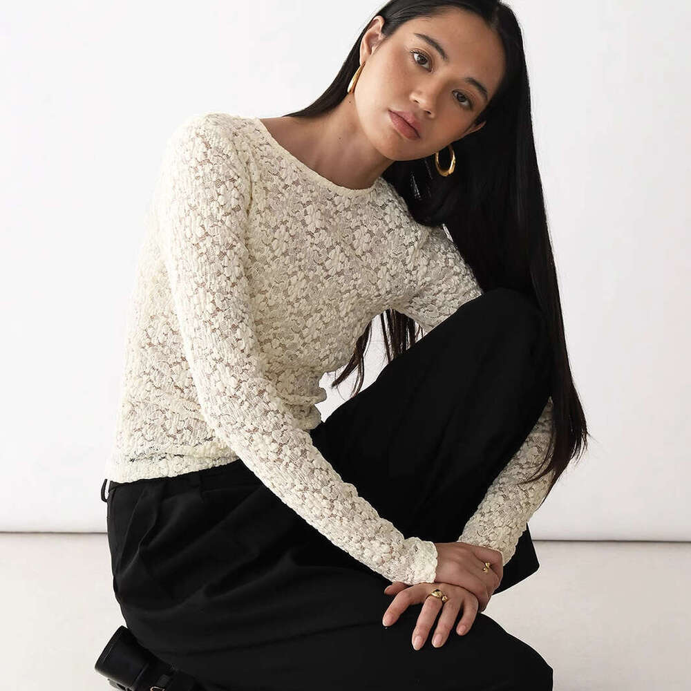 New Style Lace Hollow Out Base Shirt Pearl Button Split Tight Bell Long Sleeve T-Shirt For Women B5