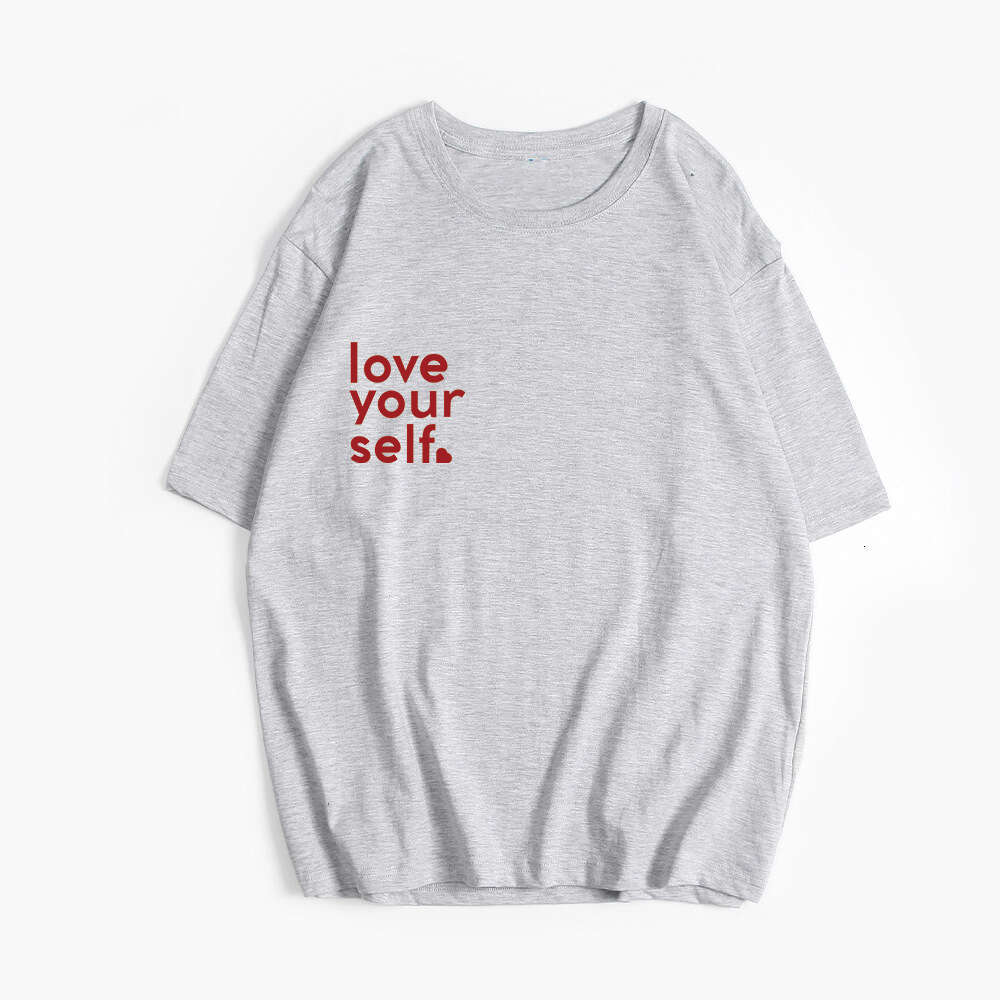 Minimalist Letter Print T-Shirt For Women, Summer Versatile Loose Round Neck Pure Cotton Short Sleeve Top B5