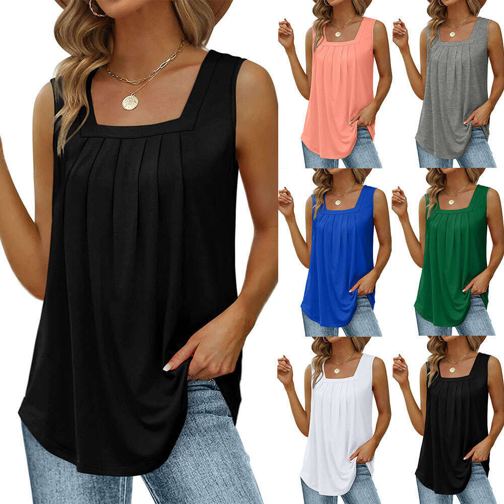 Sleeveless Square Neck Tank T-Shirt For Women Solid Color Ruched Swallowtail Strap Fashion Inner Wear Top B5