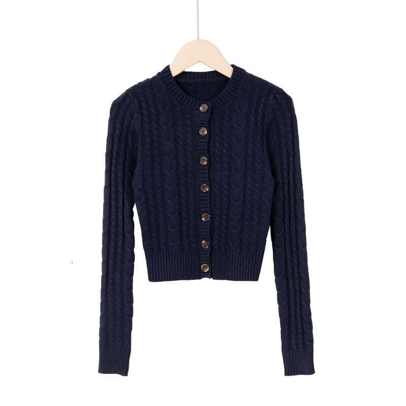 American Style Cable Knit Round Neck Long Sleeve Sweater Autumn Single-Breasted Slim Fit Fashionable Youthful Short Cardigan B5