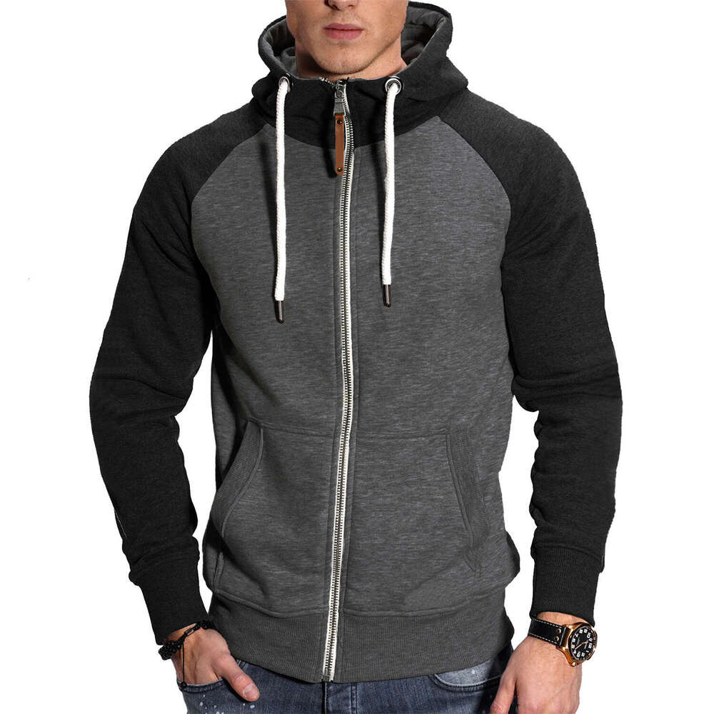 European Size Men's Color Block Hooded Sweatshirt Casual Fashion Contrast Raglan Sleeve Sports Cardigan Jacket Top B5