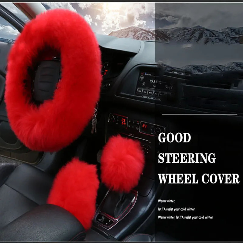 YESPLEASE 3pcsset Wool Winter Car Steering Wheel Cover Long Australian Wool Heated Fur Handbrake Gear Shifter Cover 250715