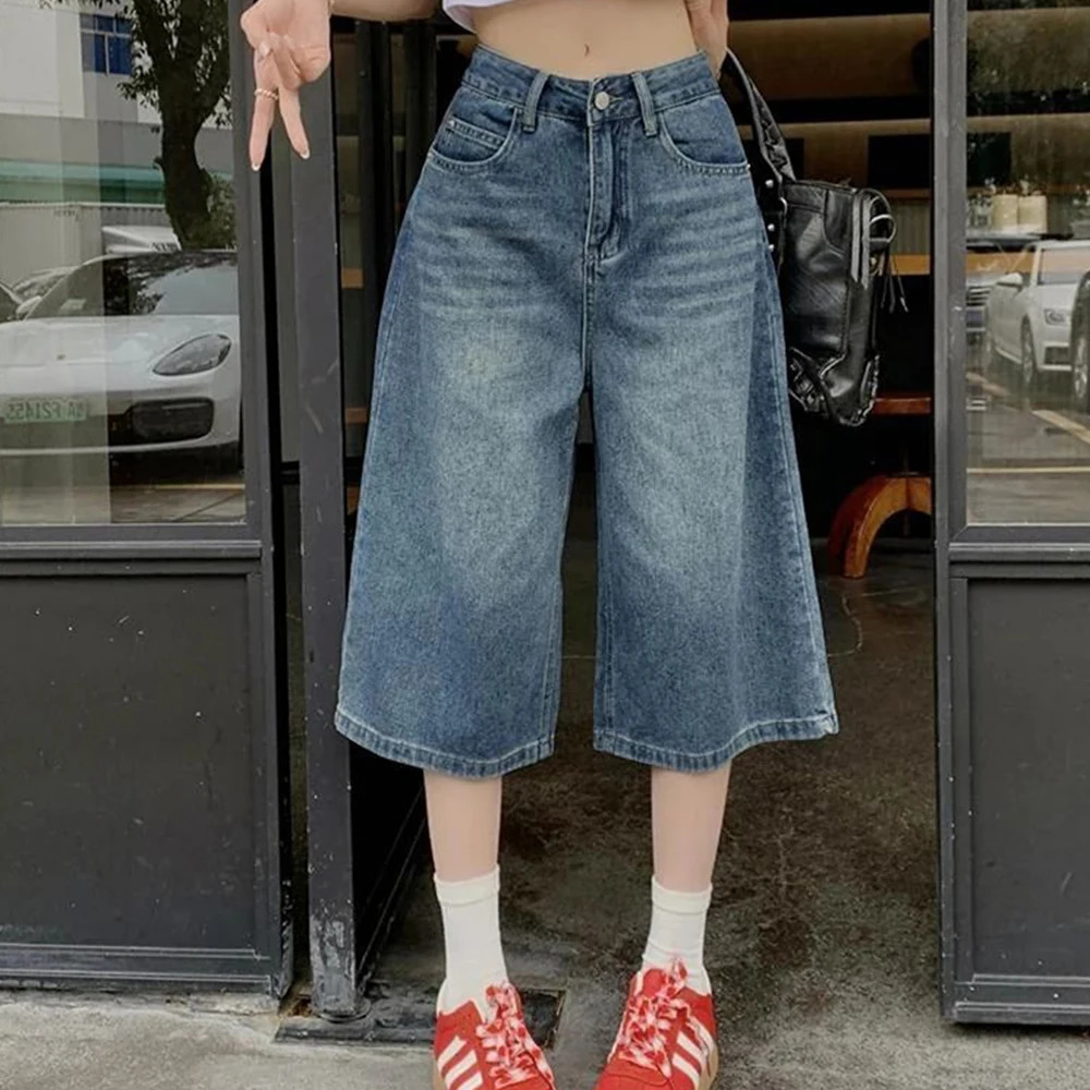 Summer American Style Vintage Women Baggy Jeans Y2k Loose Washed High Waist Knee Length Denim Pants Streetwear Wide Leg Shorts 250714