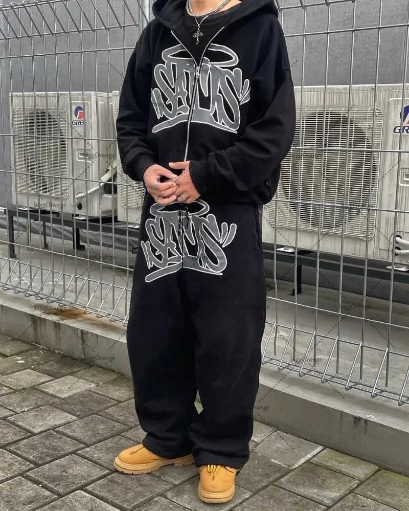 Hip Hop Rock Gothic Punk Oversized Zipper Hoodie Set Men Y2k Harajuku Vintage American Letter Print Pants Wide Leg Pants Women X250718