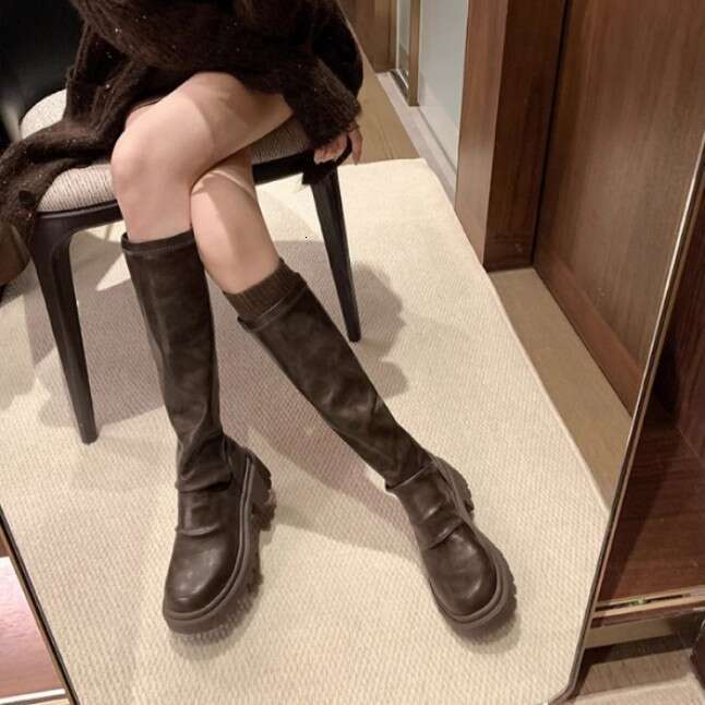 Designer Internet Celebrity Long Tube Slim for Women, Outdoor Wear, Leg-Slimming, Slimming Effect, Wrinkled Texture, Thick Sole, Height Increaing, Slo