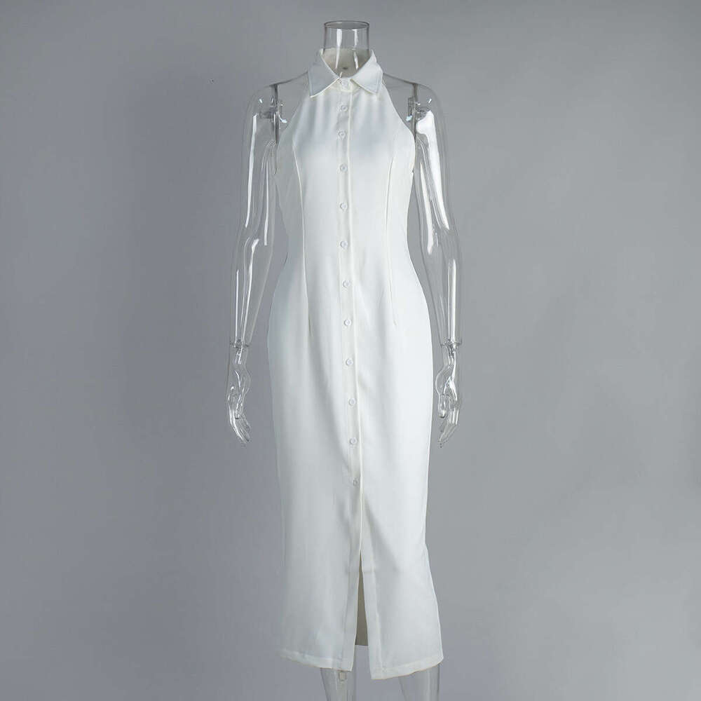 Fashion Simple Slit Long Summer New Turn-Down Collar Sleeveless Dress For Women B5