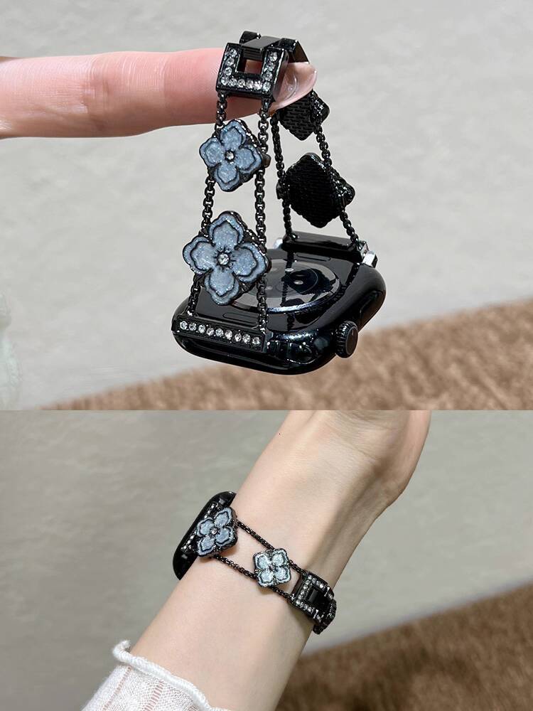 Xuanbei Creative Epoxy Clover Chain Strap for S10, Summer High-end Diamond-studded Apple Watch Series 9 Metal Bracelet, iWatch 8/7 Chanel Style Bracel - view 5