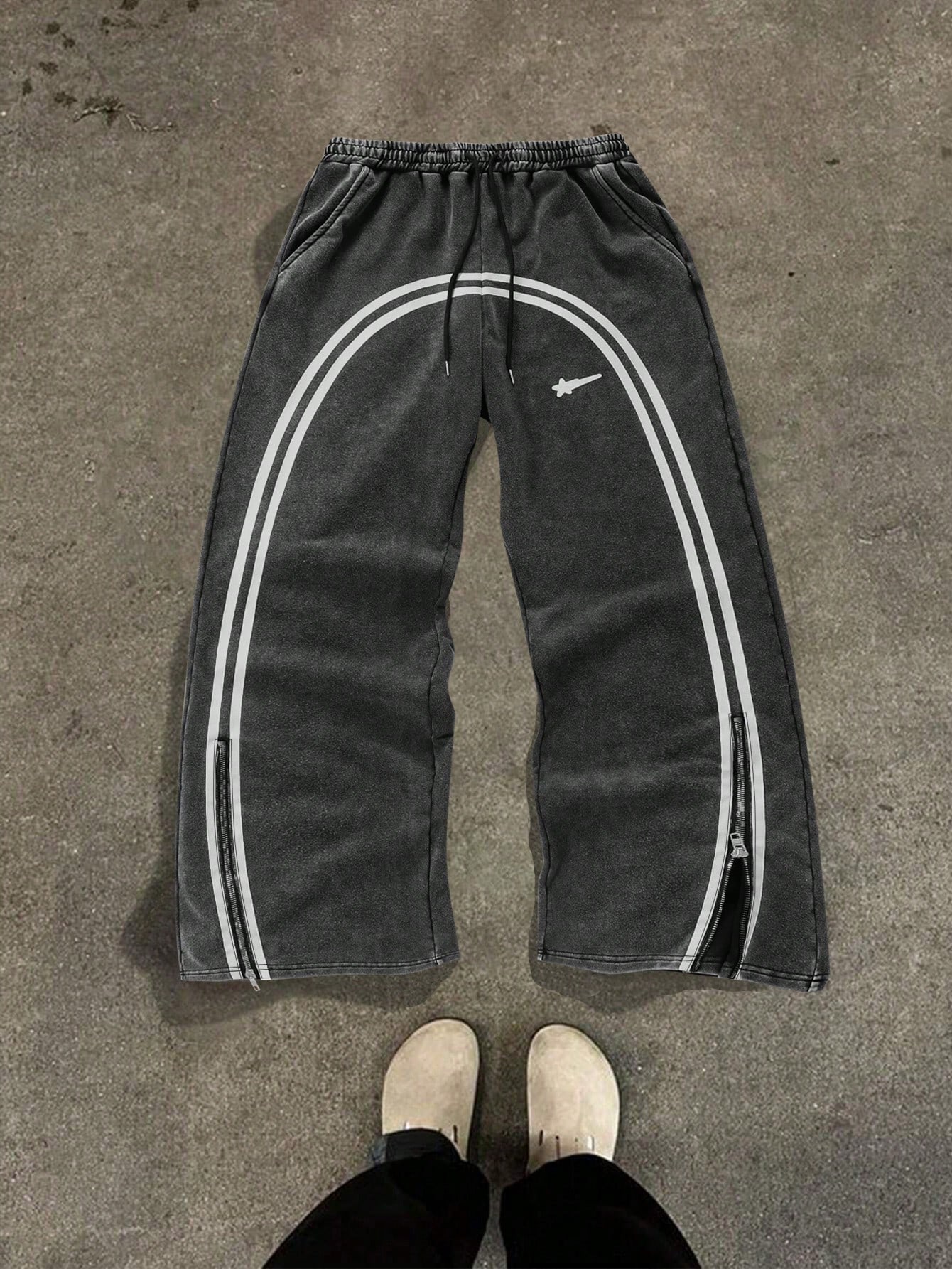 Streetrush Cotton Men's pants Plain Color Patchwork Front Drawstring Pocket Casual Sweat pants Drawstring Waist Printed Wide Leg Fashion Sweatpan