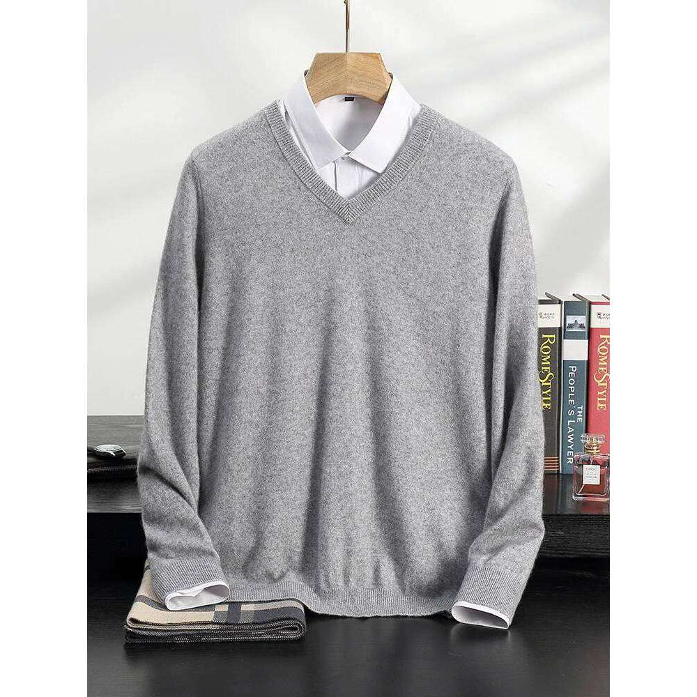Aliselect Autumn Winter Men Sweater V-Neck Long Sleeve Pullover 100% Cashmere Knitwear Smart Casual Soft Comfort Jumper