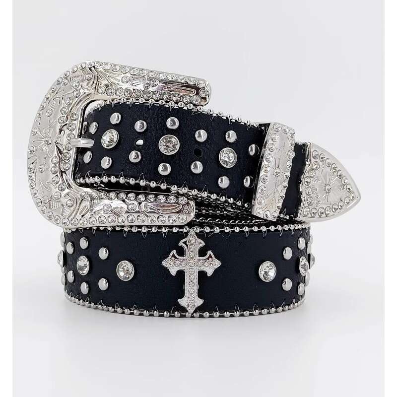 Wide Waistband Jeans Belt Rhinestone Inlaid Decoration Fashion Versatile Cross Ultra-fiber Faux Leather Unisex