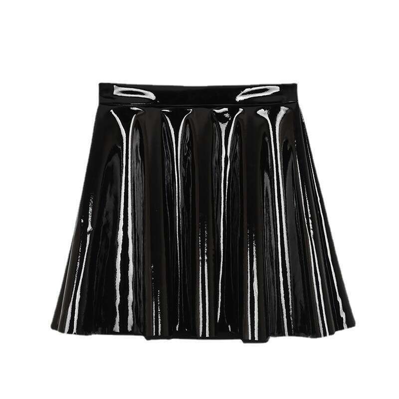 Autumn Winter New PU Leather Glossy Dark Style Pleated Mini Super Short Quirky Girl Half Skirt B5