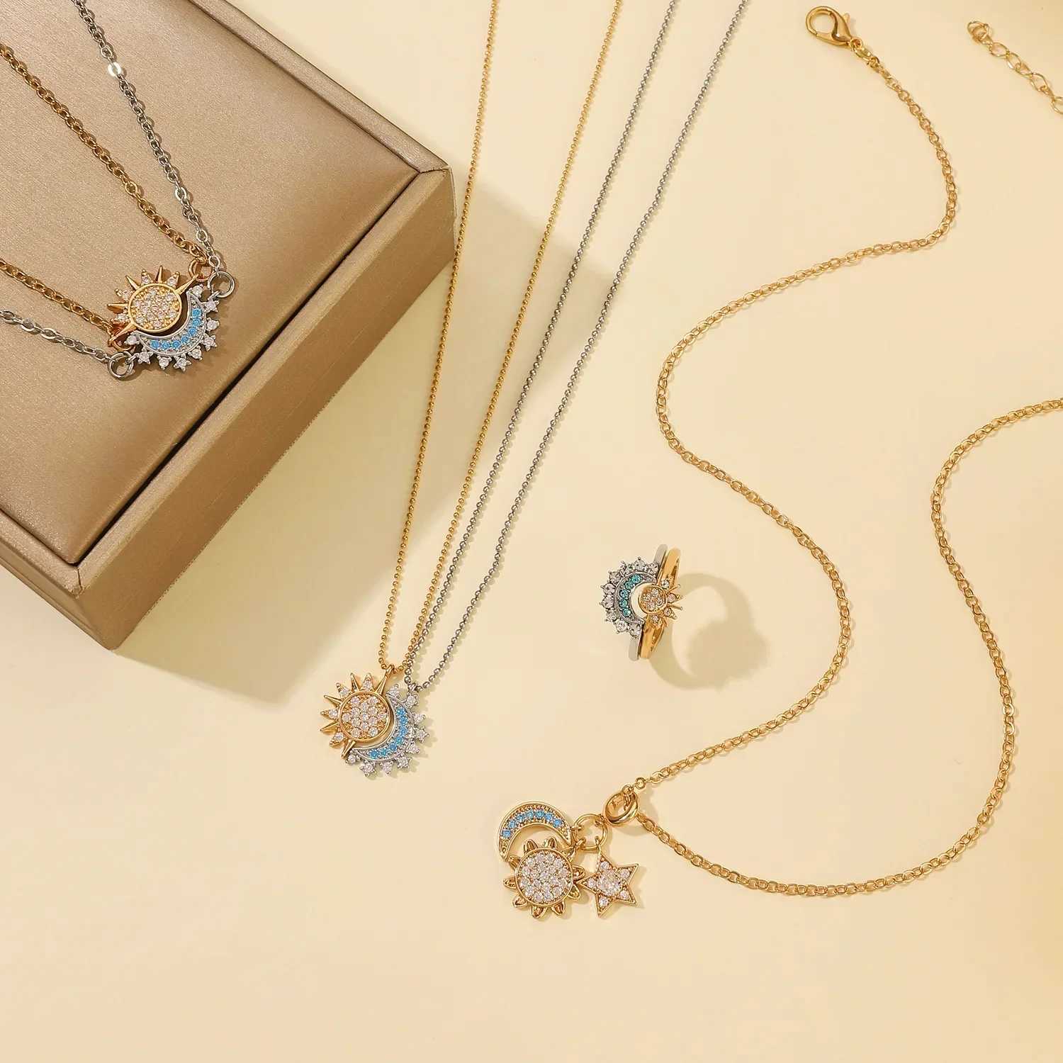 LATS New Adjustable Stackable Sparkling Moon Sun Star Ring for Women Girls Couple Elegant Jewelry Set Wedding Party Gifts X250718