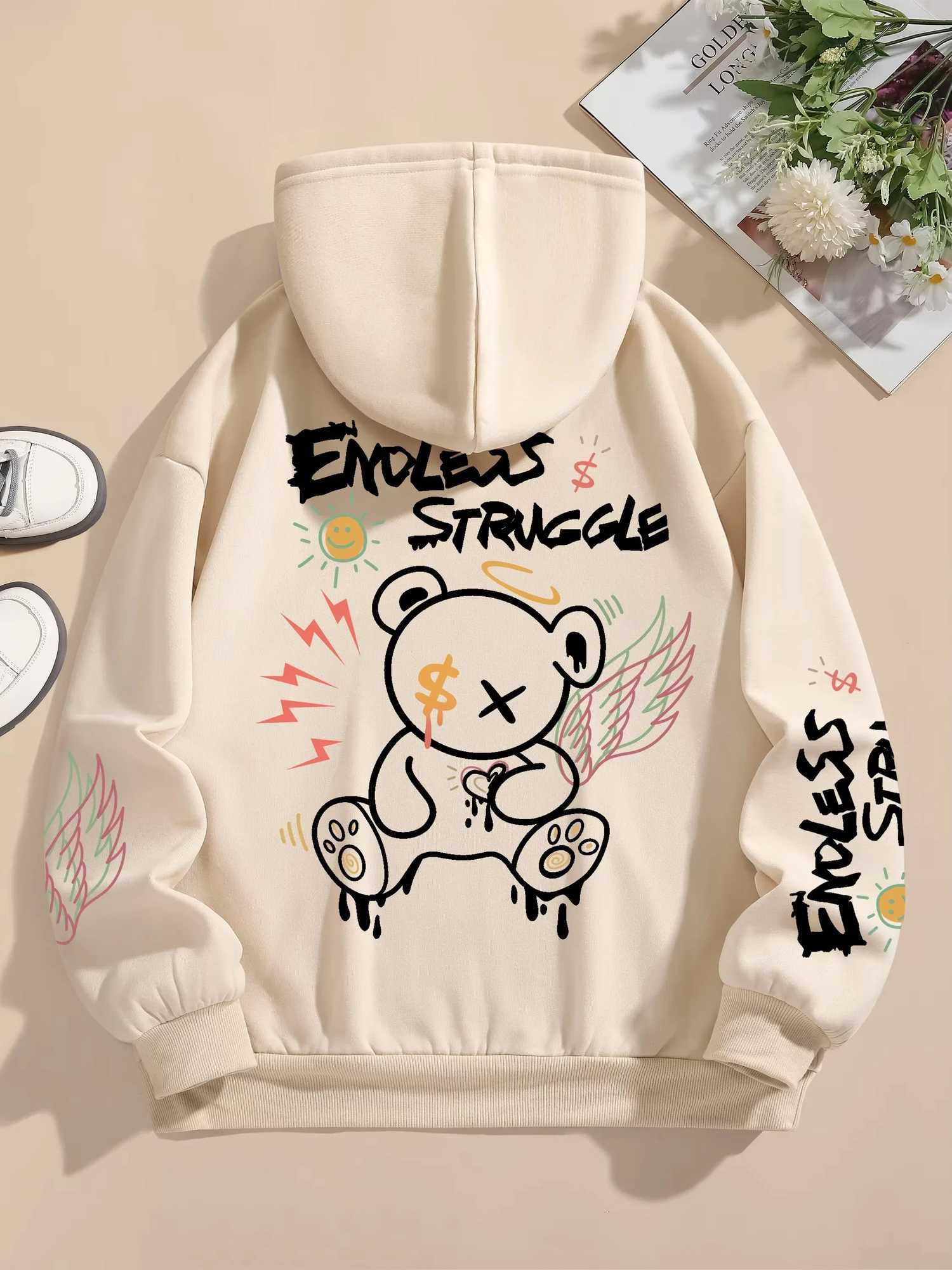 Street Mens and Womens Sweatshirts Endless Struggle Graffiti Bear Printed Hoodie Loose Pullover Sweatshirt Casual XJ250714