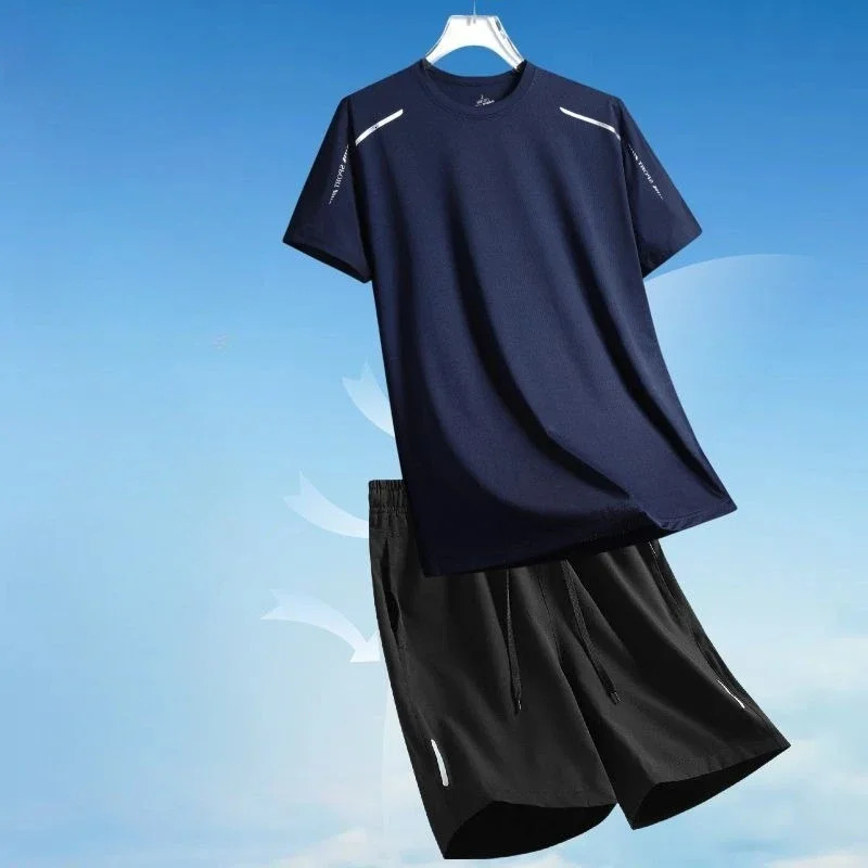 Ice Silk T-shirts Shorts Men Sports Suits Plain Summer Clothes Two-piece Set Korean Style 2025 Baggy Cool Elastic Man Sets 250715