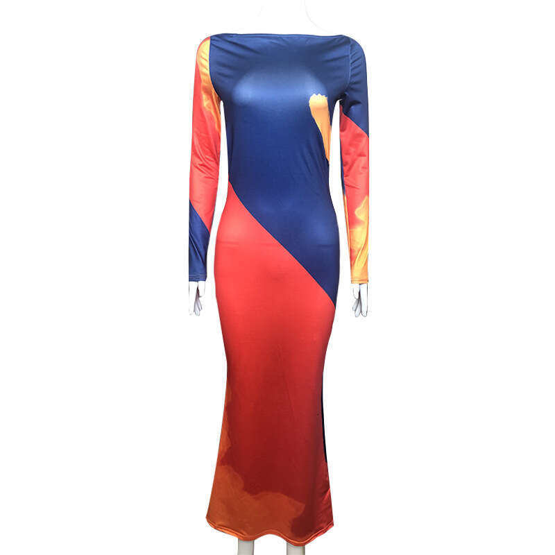 Summer New Women's Fashion Off-Shoulder Printed Sexy Backless Tight Bodycon Midi Dress B5