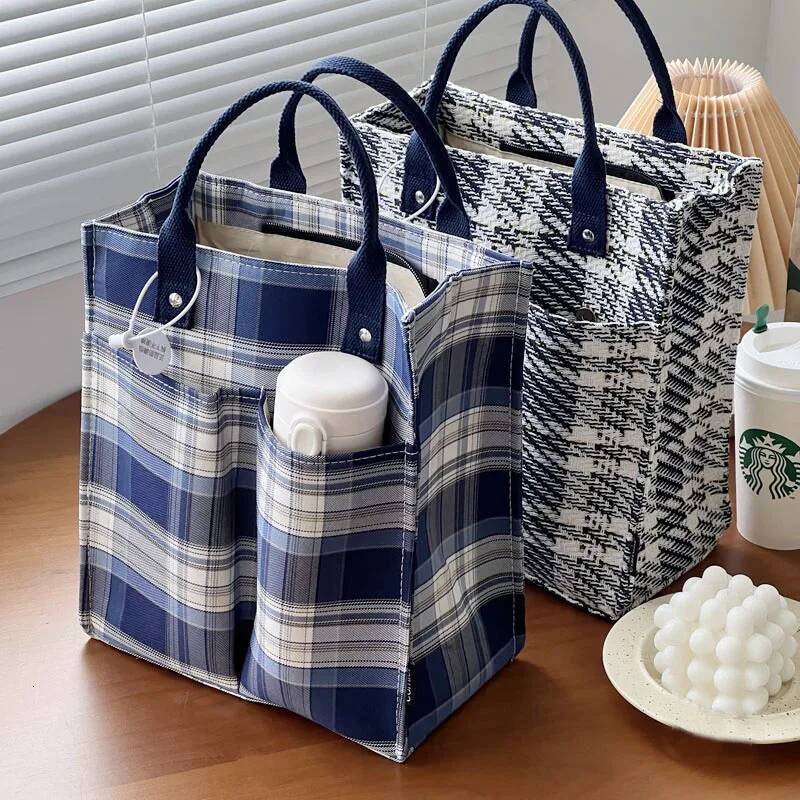 Hylhexyr Women's Thickened Canvas Handbag Grid Pattern Student Bento Lunch Box Bag Casual Tote high-quality