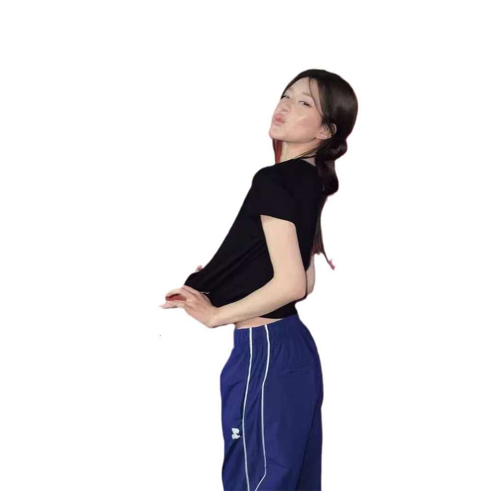 Let Me Shine Zhao Lusi Xu Yan Same Style Swan Pattern Black Short Sleeve T-Shirt Women Slim Fit Crop Round Neck Top B5