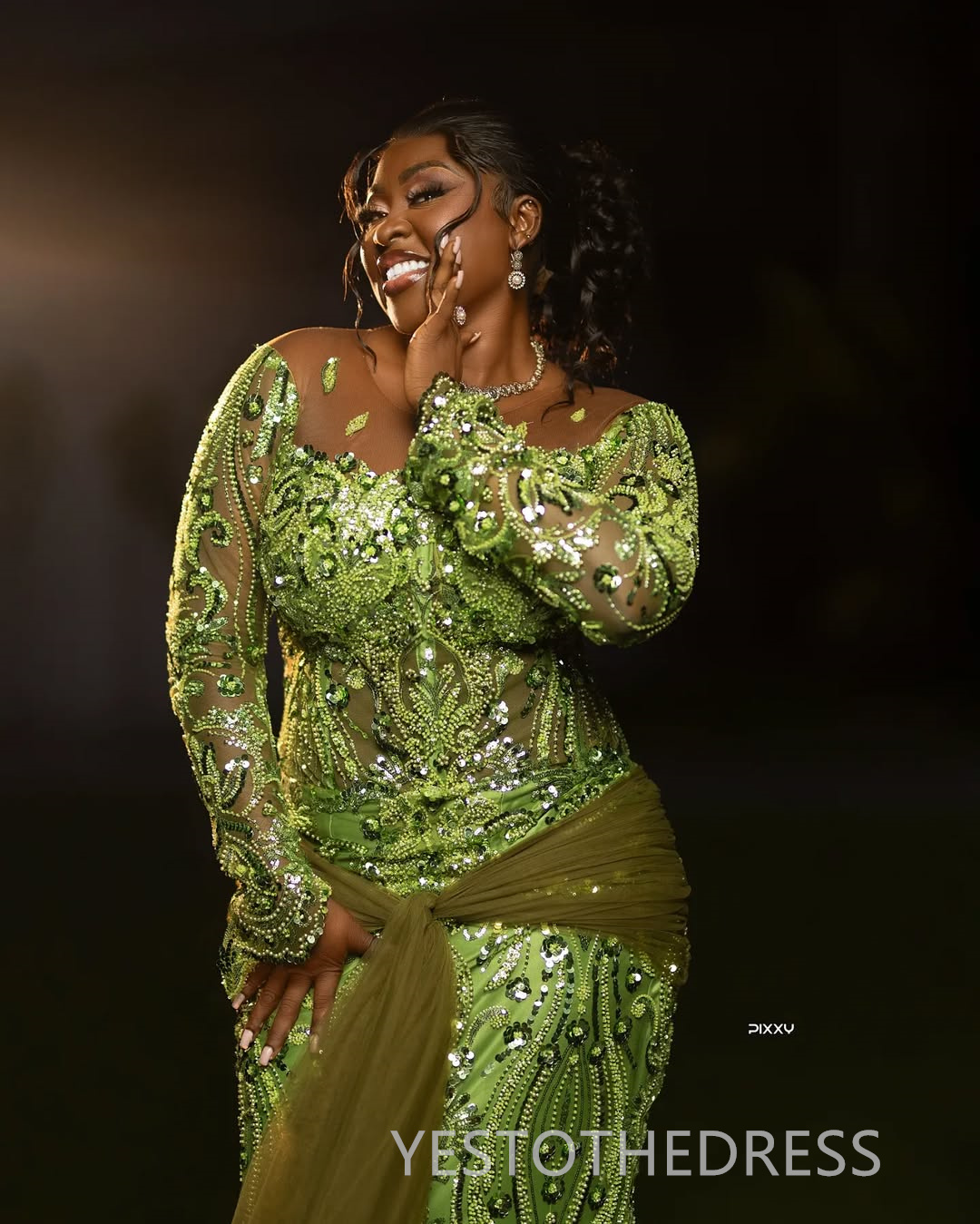 2025 Plus Size Green Aso Ebi Prom Dress Mermaid Prom Dresess Evening Formal Gowns Sheer Neck Beaded Lace Birthday Second Reception Gown For Black Wome