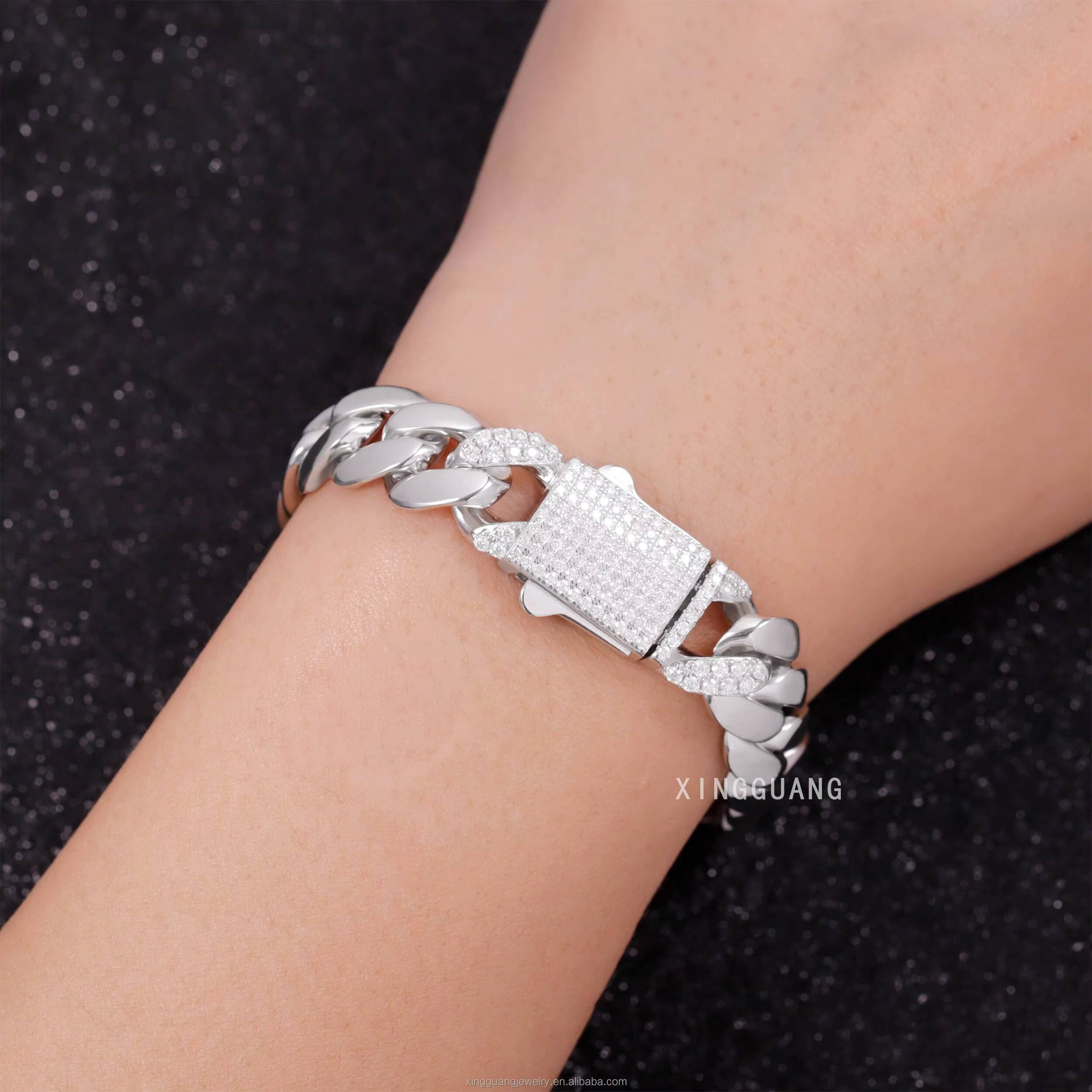 Spring/Snap Clasp White Gold Plated 8MM 10MM Miami Cuban Link Solid 925 Silver Plain Chain Moissanite Lock Cuban Chain Necklace