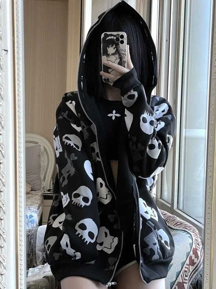 Alt Goth Cyberpunk Y2k Sweatshirt Women Mall Goth Harajuku Skull Printed Long Sve Zipper Cardigan Hoodie Emo Alt Indie Clothes XJ250717